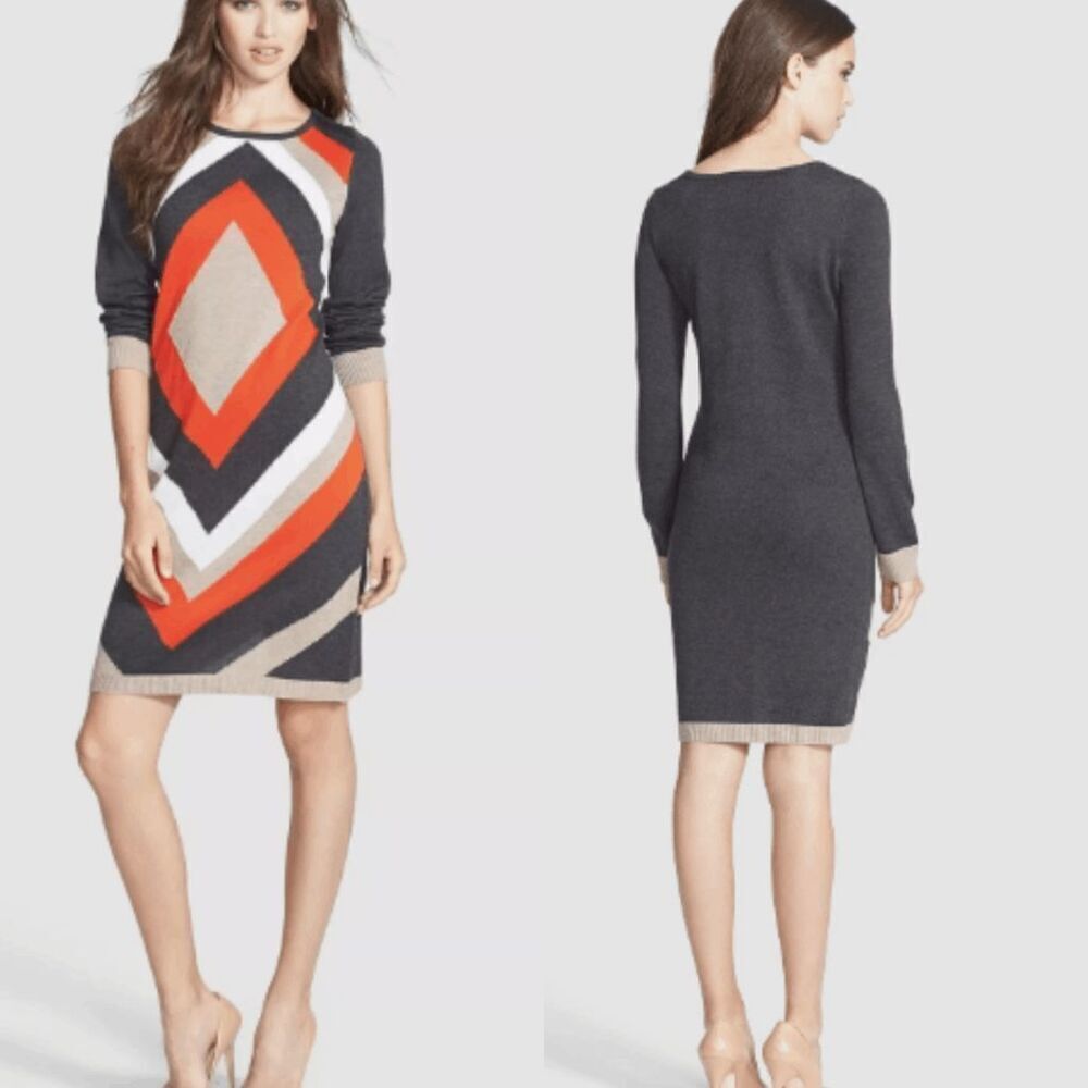 J Howard Women's Long Sleeve Diamond Pattern Sweater Dress Size L Gray Orange